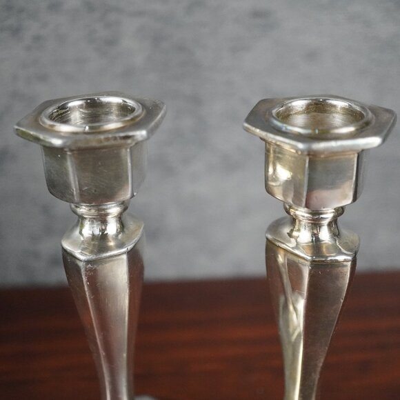 Pair of Vintage Silver Tone Art Deco Candle Holders 1930's Candle Stick Holders - Picture 5 of 16